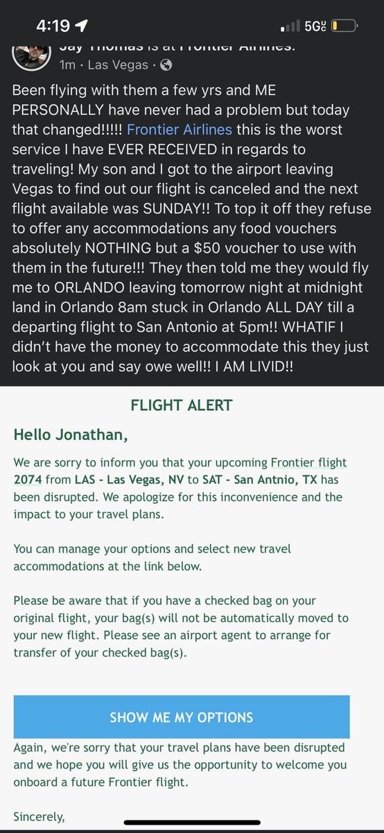 JTONAIR's tweet photo. Frontier Airlines this is the worst service I have EVER RECEIVED in regards to traveling!I got to the airport to find out our flight is canceled and the next flight available was SUNDAY!they refuse to offer any accommodations any food vouchers absolutely NOTHING @FlyFrontier https://t.co/dDHKlnRRKP