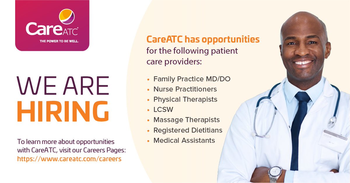 At CareATC, we offer the best of both worlds. Work in with a close-knit team with resources from a major, forward-thinking healthcare company. 

🔍View our Careers Page for open positions! bit.ly/3JByI0k