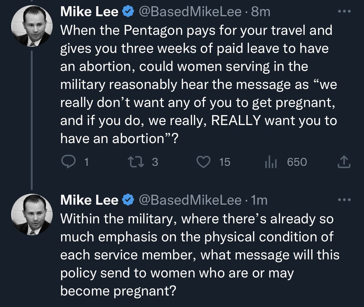 Mike Lee says the military is pushing service members to get abortions by giving them 3 weeks leave.