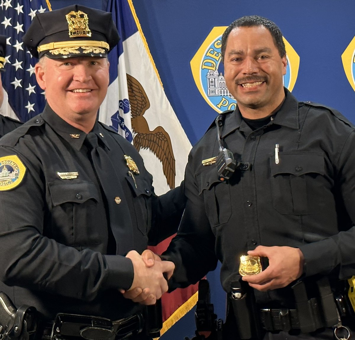 DMPolice's tweet image. It seemed like all we did today was respond to crashes, but there was also some cool stuff happening.

Chief Wingert was proud to make a great promotion, and to recognize 3 officers for their work that saved lives in our community!

Full story: bit.ly/3I1tI2G