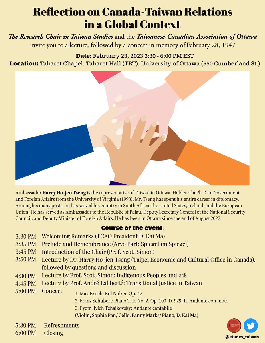 We are preparing this event on February 23. There will be a lecture by Taiwan's Ambassador Harry Tseng, and a concert directed by D. Kai Ma. It is in commemoration of the Feb 28 1947 violence in Taiwan. The goal is to avoid a repeat that would happen if China invaded Taiwan.