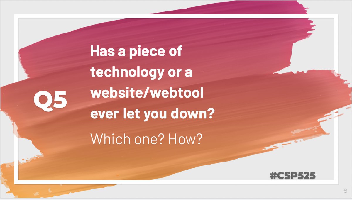 cspedtechbear's tweet image. Q5 (only 2 to go after this!) Has a piece of technology or a website/webtool ever let you down? 
Which one? How? #CSP525