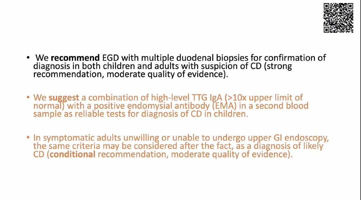 Guidelines continue to recommend biopsy confirmation for #celiac diagnosis but acknowledge option of a very ⬆️ high level TTG-IGA with positive EMA in a second blood sample for diagnosis of #celiacdisease in children and in certain adults