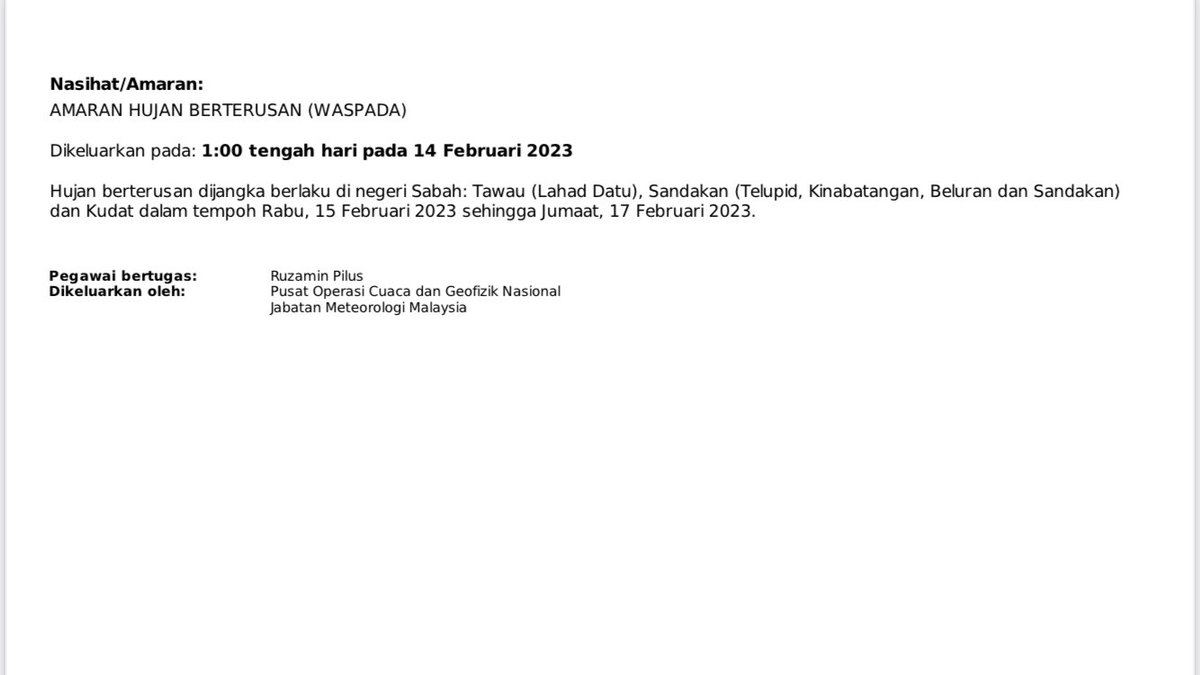 mynadma's tweet photo. Ramalan cuaca @metmalaysia bagi seluruh negara pada 17 Februari 2023 – 19 Februari 2023

#kesiapsiagaanbencanatanggungjawabbersama https://t.co/yqmDQ56TXk