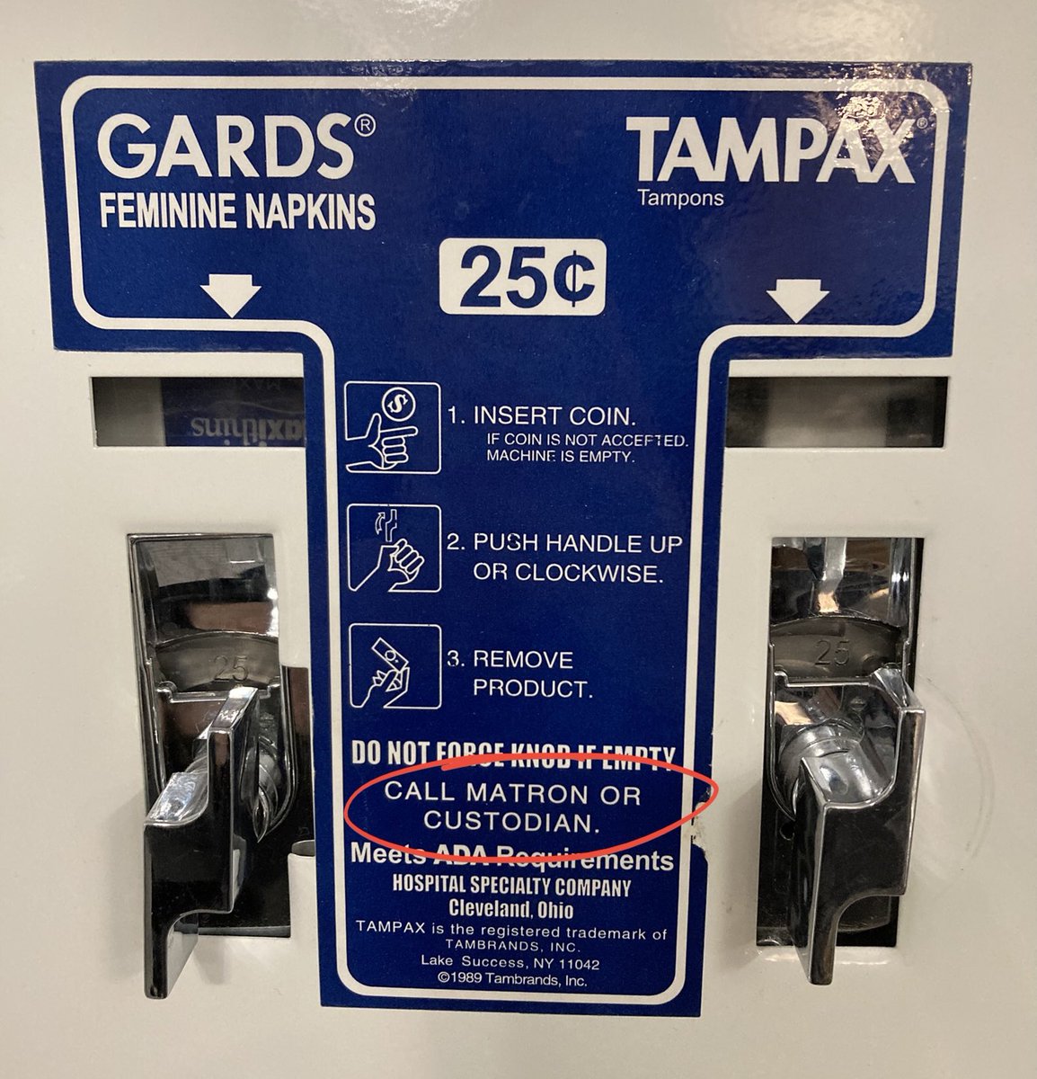 theSLAMblog's tweet image. I love the idea of an on-call Building Matron whose entire job is to advise menstruating women about what to do when the tampon dispenser is empty. She doesn’t bring them tampons. Just a hug.