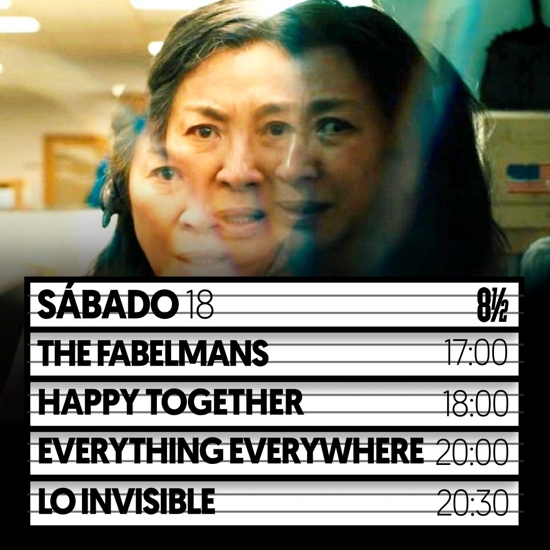 8medio's tweet photo. #HOY #Feb18
17H00 #TheFabelmans,Steven Spielberg, EEUU, 2022.
18H00 #HappyTogether,Won Kar-Wai, Hong Kong, 1997.
20H00 #EverythingEverywhere,Dan Kwan, Daniel Scheinert, EEUU, 2022.
20H30 #LoInvisible,Javier Andrade, Ecuador, 2021.
#VenAl8 #LosFilmsDeMatti #CineEcuatoriano https://t.co/yEPDMlNooM