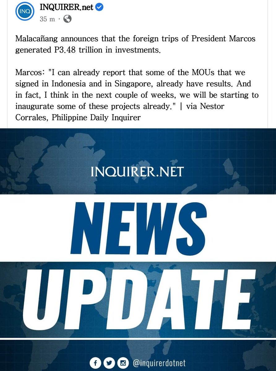 _Meg_09's tweet image. “I can already report that some of the MOUs that we signed in Indonesia and in Singapore, mayroon ng resulta. And in fact, I think in the next couple of weeks, we will be starting to inaugurate some of these projects already," -𝙋𝘽𝘽𝙈

Good job 👏👏👏
#PBBMadministration 
#PBBM