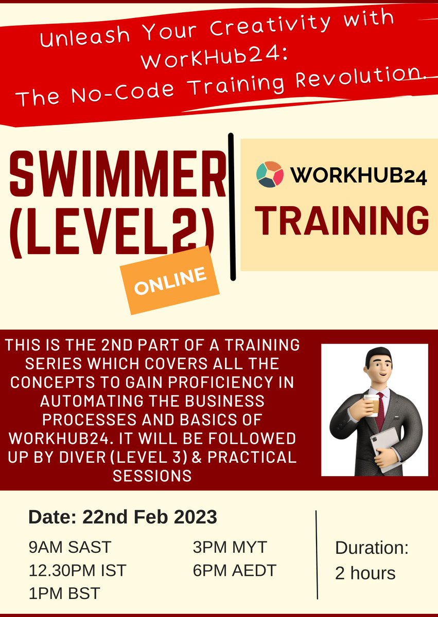 workhub24's tweet photo. Unleash Your Creativity with WorkHub24: Part II
Swimmer (Level 2) Training.

The No-Code Training Revolution.

Date: 22nd Feb 2023
9AM SAST, 12.30PM IST, 1PM BST, 3PM MYT, 6PM AEDT
Duration: 2 Hrs

Email: anupama@workhub24.com to reserve your seat

#nocode #training #workhub24 https://t.co/UZ8n4eSJDn