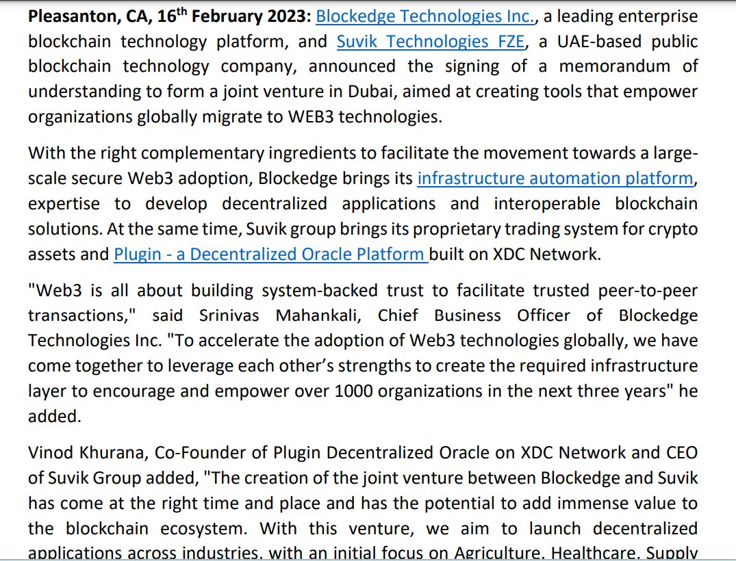 MAHESHDAGA's tweet photo. #SecureKloud- MOU with #Blockedge Technologies &amp; #Suvik Technologies a block chain company to form a joint venture in Dubai, aimed at creating tools that empower organizations globally migrate to WEB3 technologies https://t.co/6oC4no7Ac5