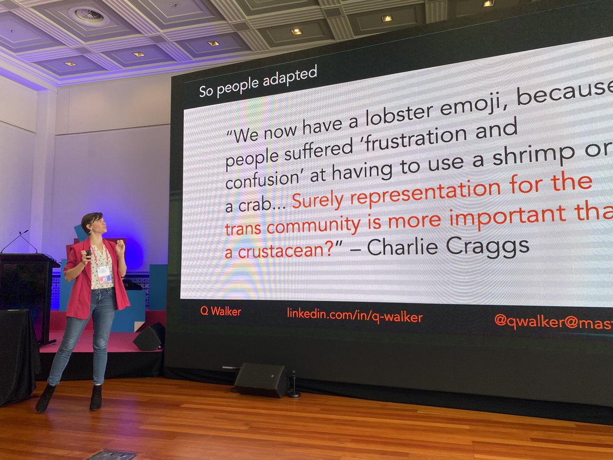 I just learned about the lobster emoji and it’s connection with the trans community. I got emotional at <a href="/QWalkerNZ/">Q Walker</a> ‘s amazing presentation. What a powerful message 🦞🥹 #uxnz2023 #uxnewzealand