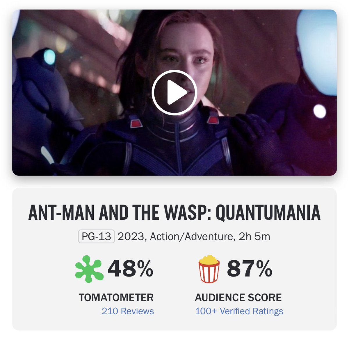 HollywoodHandle's tweet image. ‘ANT-MAN AND THE WASP: QUANTUMANIA’ is 1% away to tie with ‘ETERNALS’ and become the worst Marvel Studios movie on Rotten Tomatoes 🍅