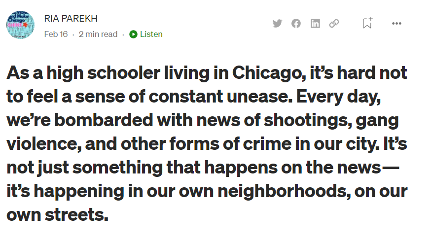 stevesewall's tweet photo. It's young people like Ria Parekh, a Chicago high school student, who give hope for Chicago's future. She posted today about the city's violence. https://t.co/rqt3KE8pK7   #Chicagoviolence #Chicago #FutureofChicago #ChicagoStudents #CPS https://t.co/Nu6Ae4e9YL