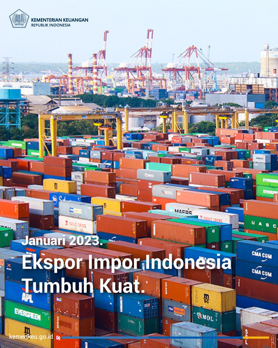 KemenkeuRI's tweet photo. Januari 2023.

Ekspor: 16,37% (yoy) atau mencapai USD22,31 miliar.
Impor: 1,27% (yoy) atau mencapai USD18,44 miliar.

Artinya, ekspor impor Indonesia tumbuh cukup kuat.⏫⏫

Siapa penyumbang surplus negara perdagangan terbesar? https://t.co/J2dnkZlSrk