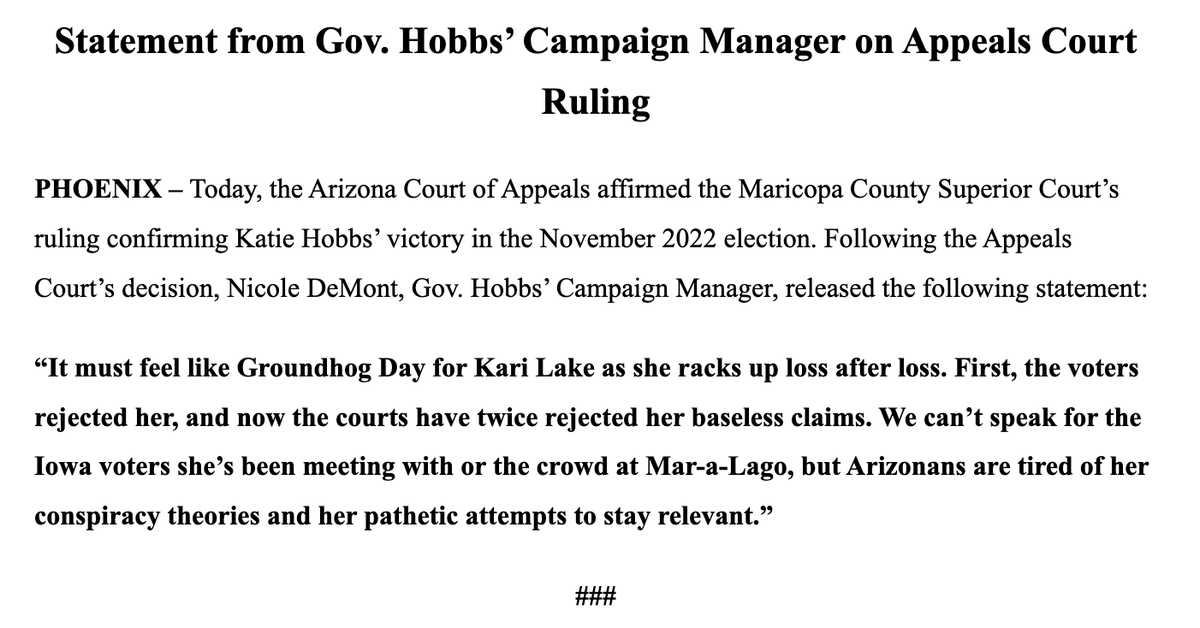 TeamKatieHobbs's tweet photo. BREAKING: statement from Gov. Hobbs' campaign manager on Kari Lake losing to @katiehobbs... again https://t.co/cOOPuLrgME