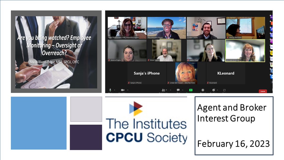 PersDevSolu's tweet image. Thank you @CPCUSociety Agent &amp;amp; Broker Interest Group. It was a pleasure to present this month's ABIG Hot Topic: "Are You Being Watched? Employee Monitoring - Oversight or Overreach?" I'm glad you found the topic thought provoking! #CPCU #Ethics #employeemonitoring