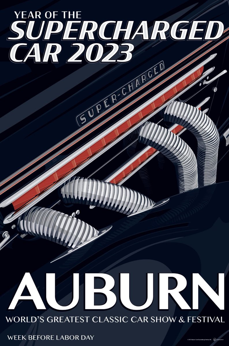 Presenting the official 2023 Auburn Cord Duesenberg Festival’s poster! 

This year marks the festival’s 67th year, and will celebrate the theme, “Year of the Supercharged Car”, as chosen by the Auburn Cord Duesenberg Club. 

The 2023 poster was created by artist Amanda Peet!