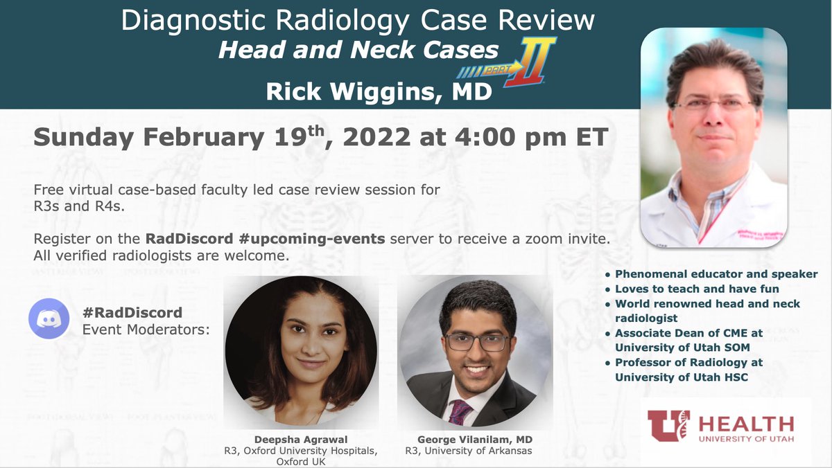 🚨Weekend DOUBLE-HEADER🚨 THE RETURN OF Dr. Rick Wiggins 🤩Can we call this a “golden weekend”?🫣 @theshadowfixer @DeepshaA will be moderating! Head and Neck Case Review Sunday 🗓️Feb. 19 @ 4 pm🗓️ @MarcusKonner @aarya_ramprasad @Rads_is_rad