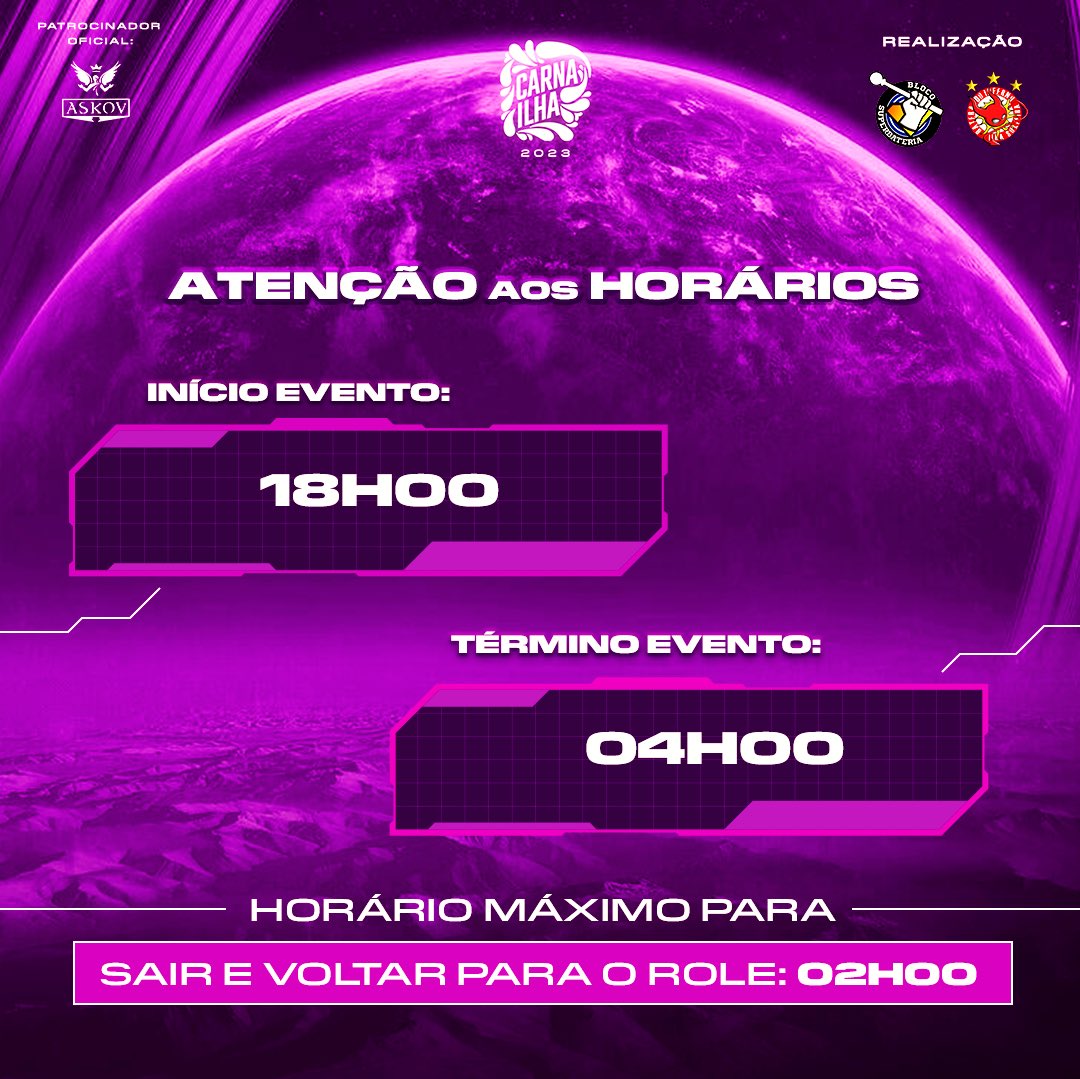carnabrilha's tweet photo. ⚠️ HORÁRIOS ⚠️ 

Está chegando a hora! Fiquem ligados, serão 10h de open, de muita música e diversão. Mas, se atentem aos horários. 

🛒 Ainda da tempo, garante agora seu pacote pelo site ou app Blacktag!

#carnailha #ilhasolteira #carnaval2023
#blocosuperbateria #bateradoinferno https://t.co/juTThfadXS