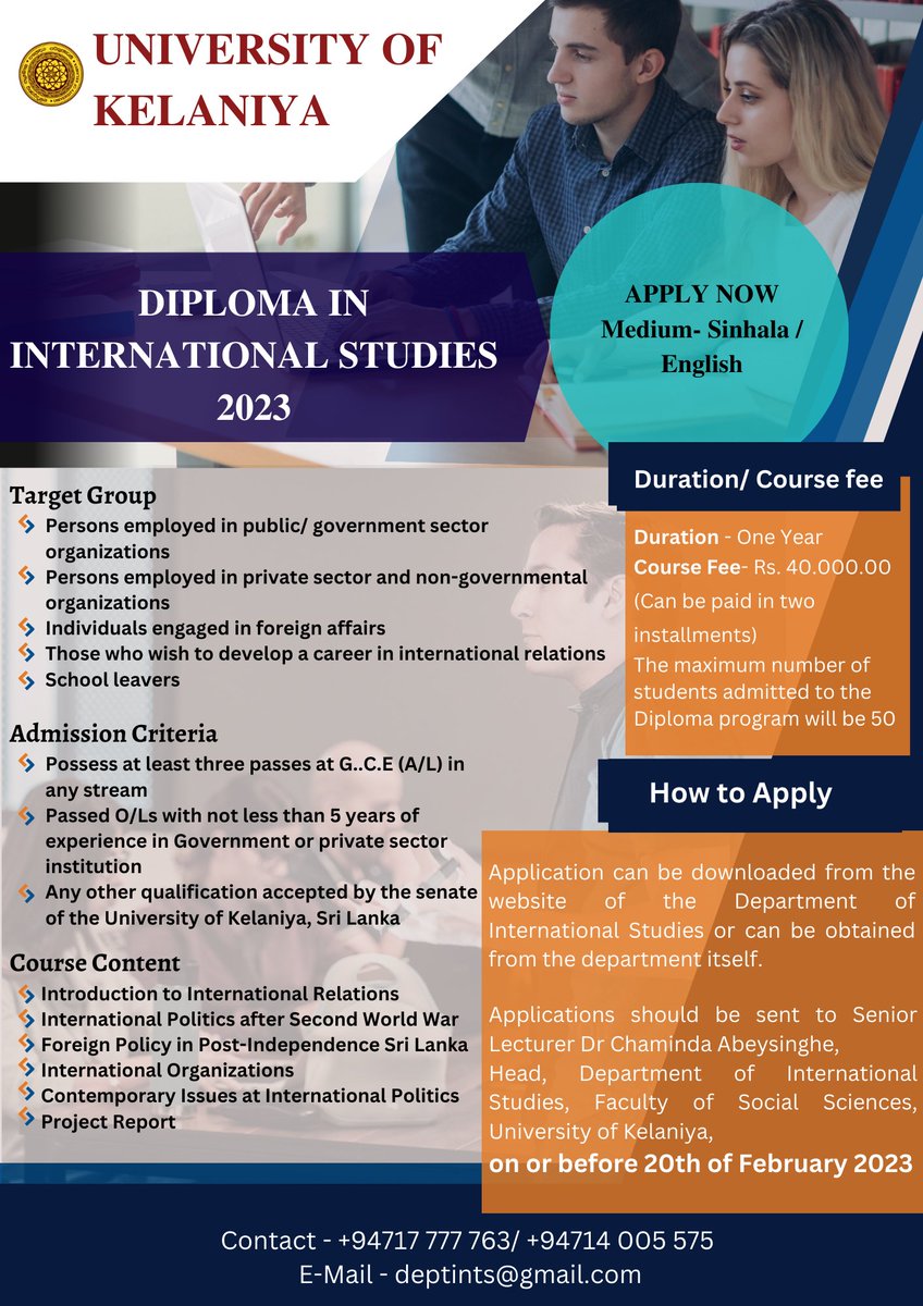 Diploma in International Studies from the Department of International Studies of the University of Kelaniya

#diploma #InternationalStudies #course #coursenet