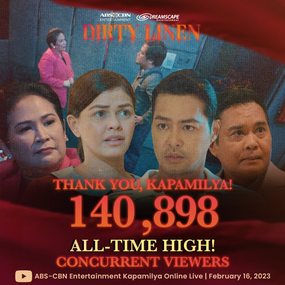 DreamscapePH's tweet photo. Bitin ang lahat sa #DLNegotiation! We have reached 140,898 ALL-TIME HIGH CONCURRENT VIEWERS! 🔥

Maraming Salamat sa pagtutok ninyo gabi-gabi sa #DirtyLinen, mga Kapamilya! Magpapahuli ka pa ba? https://t.co/MB3Iavmz6H