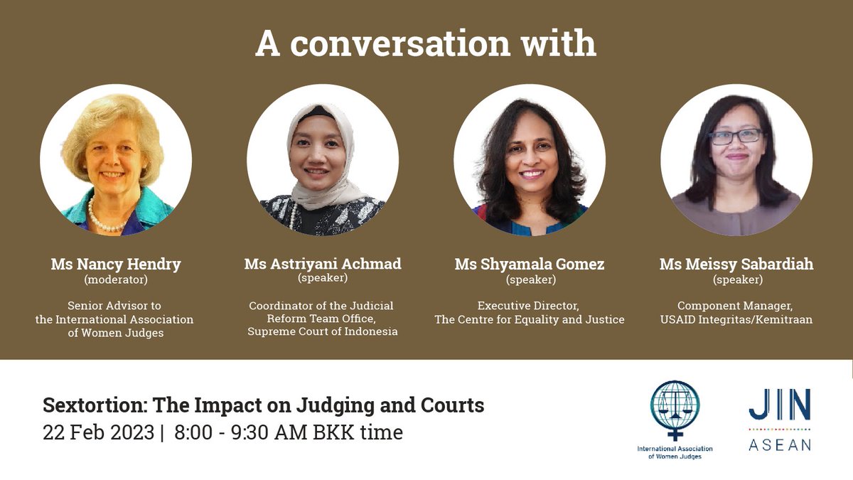 UNDPJINASEAN's tweet image. Join the conversation with a panel of experts on the impact of #sextortion in the legal system and possible solutions for judiciaries in ASEAN

In partnership w/ @IntlWomenJudges👩‍⚖️

Register today🔗bit.ly/3IsoGhb

#JINASEAN is supported by @StateINL 

#JudicialExcellence
