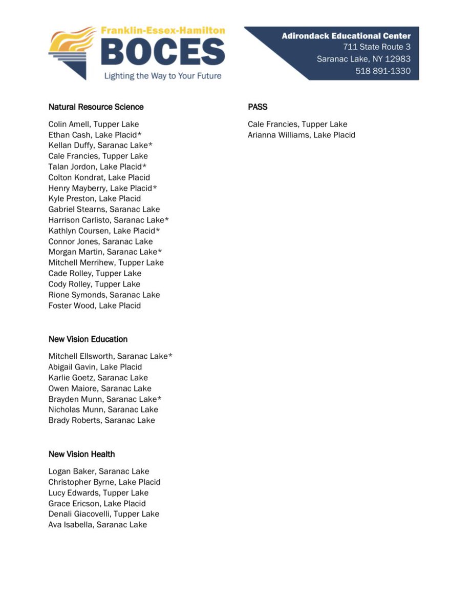 Congrats to all the SLHS students who made the 2nd Quarter Honor Roll at AEC. Great Work! <a href="/fehboces/">Franklin-Essex-Hamilton BOCES</a> #redstormpride #gobigred