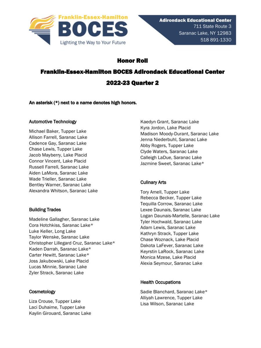 saranaclakehs's tweet photo. Congrats to all the SLHS students who made the 2nd Quarter Honor Roll at AEC. Great Work! @fehboces #redstormpride #gobigred https://t.co/ceW4im7oZN