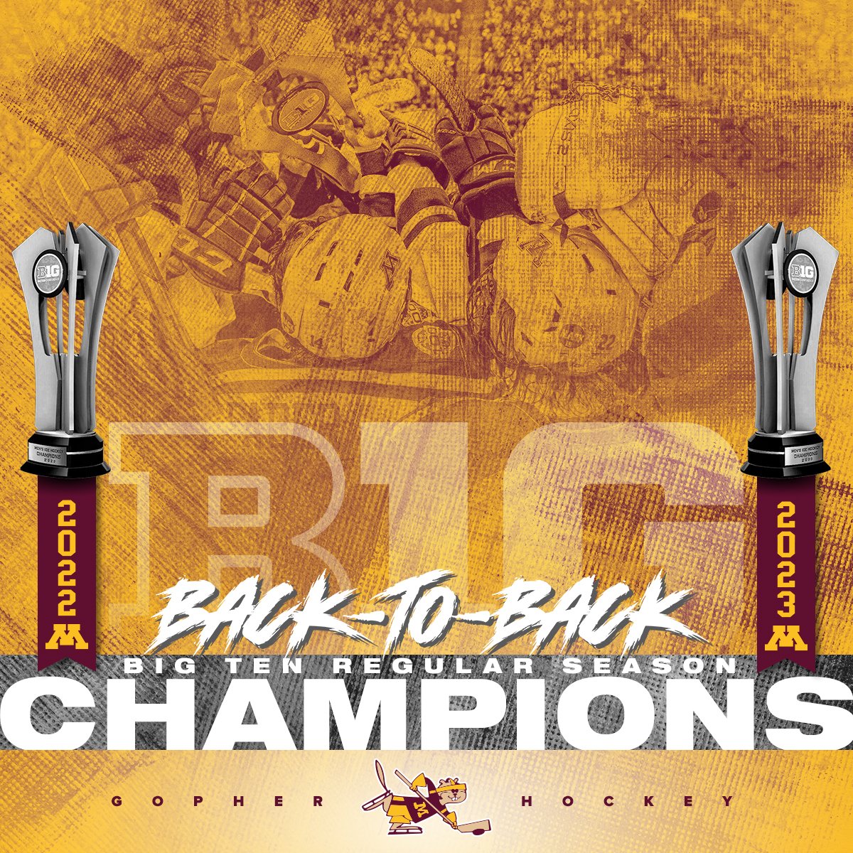 GopherHockey's tweet photo. We're going 𝙗𝙖𝙖𝙖𝙖𝙘𝙠 𝙩𝙤 𝙗𝙖𝙘𝙠

The #Gophers have officially clinched the Big Ten regular season title for the second-straight year!

That's 6⃣ @B1GHockey titles in the last 10 years and another first round bye in this year's tourney!  

#PrideOnIce https://t.co/1CzQLH8kkF