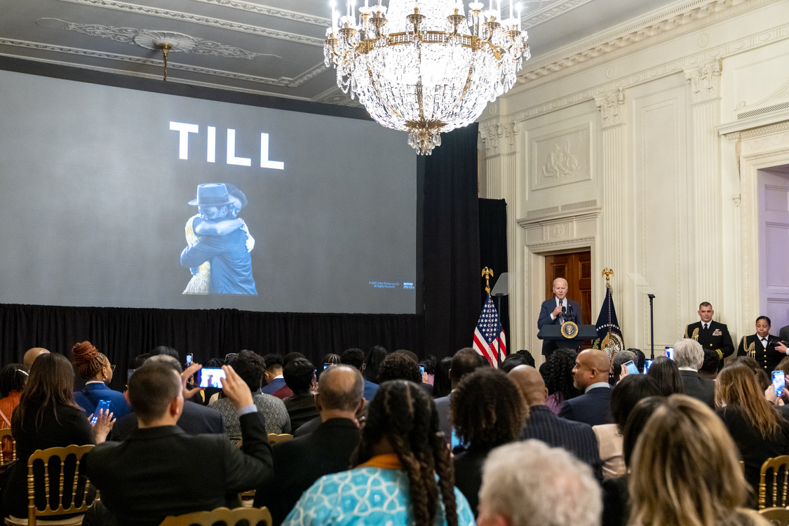 WhiteHouse46's tweet image. In honor of Black History Month, President Biden hosted a screening of “Till” at the White House – which tells the story of Mamie Till-Mobley’s relentless pursuit of justice for her 14-year-old son Emmett Till.