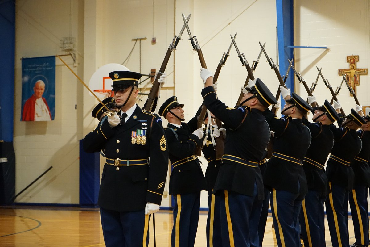 ArmyDrillTeam's tweet photo. Yesterday, the USADT performed at the Seton School. It was an honor and privilege to perform in-front of COL Walter J. Marm Jr., a Medal of Honor recipient. We would like to thank everyone at Seton for making our first drill a memorable experience https://t.co/OhEKaZZ8Hw