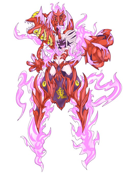 #ついなちゃん 
『鬼ヶ島覇王ついな』
鬼の宝槍「一王二命三眼槍」を使い「鬼の王」となったついなちゃん。この槍は普通「持ち主の所持する物と引き換えに力を授ける」のだが、ついなちゃんは「鬼という種族全体の寿命」と引き換えにノーリスクで莫大な力を得ている。(1/2) 