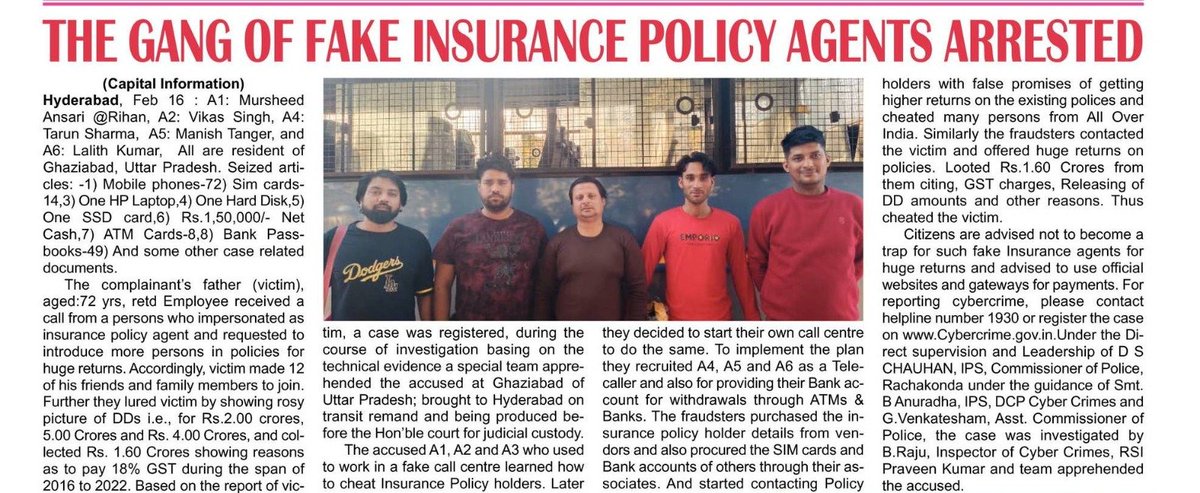 MalkajgiriCop's tweet photo. The sleuths of @CyberCrimeRck #arrested the gang of #fake #insurance policy agents who loots the #victim in the name of #HugeReturns on policies.
@TelanganaCOPs @Telangana4C @DCPLBNagar @DcpMalkajgiri @DcpBhongir https://t.co/ffKuSW5CHd