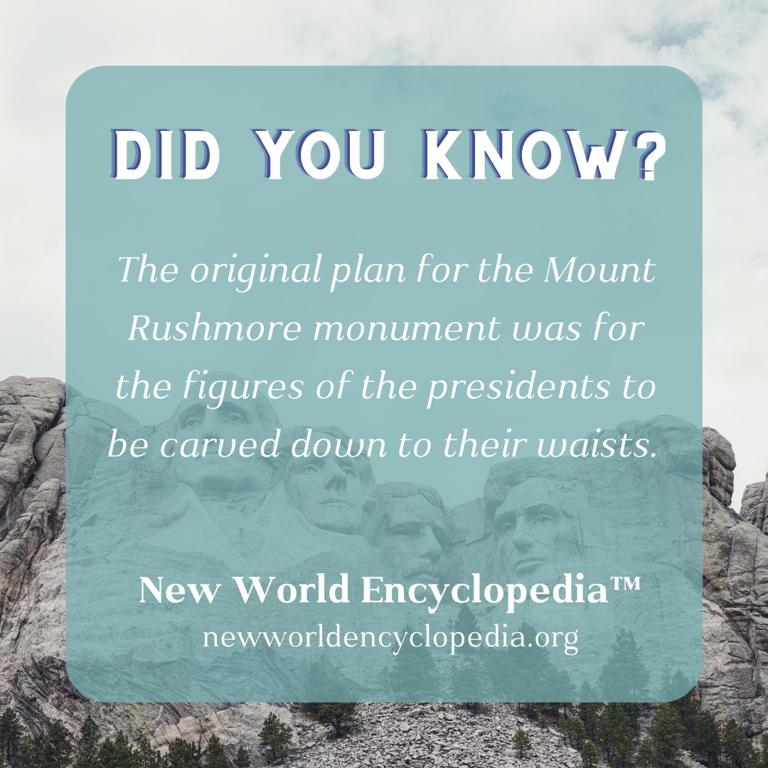 Did you know?

The original plan for the Mount Rushmore monument was for the figures of the presidents to be carved down to their waists.

Read more interesting facts at newworldencyclopedia.org/entry/Mount_Ru…
.
.
.
#dailyfact #newworldencyclopedia #president #usa #america #mountrushmore