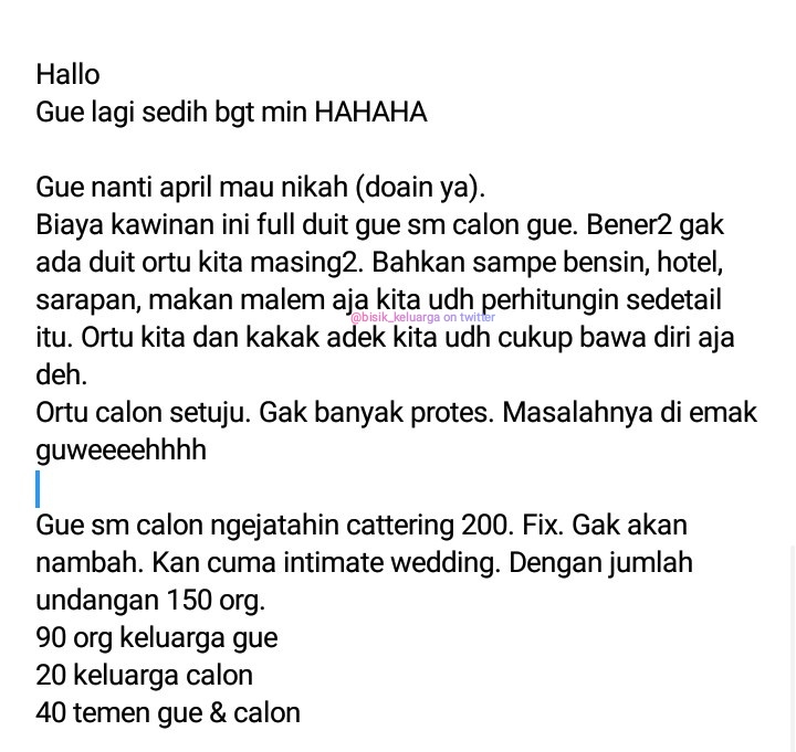 bisik_keluarga's tweet photo. Jadi si kakak ini dengan calon suaminya membiayai Intimate Wedding mereka sendiri.
Terus mamanya minta tambah catering krn mau undang temen-temen beliau dari berbagai circle. 🥲 Tapi beliau gak ngasih duit. https://t.co/uRTIN3Oh1Z