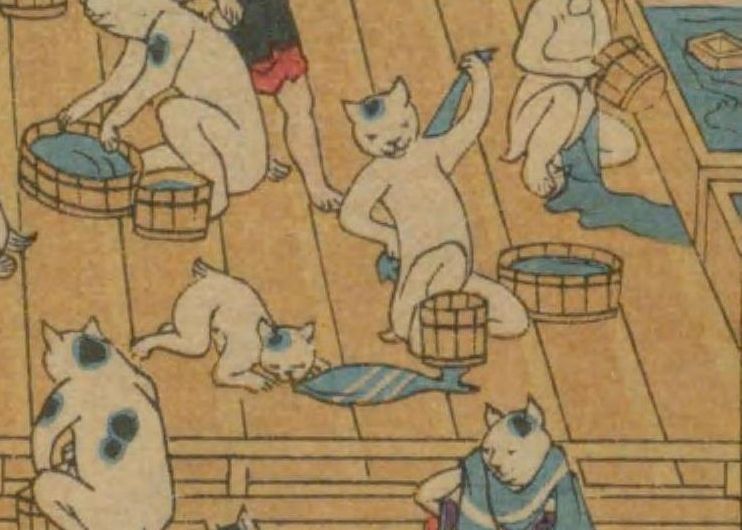猫温泉浮世絵歌川芳藤「新板猫の温泉」名古屋帯