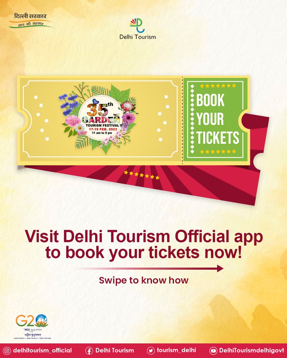 tourism_delhi's tweet photo. Join the Garden Festivity: Book tickets for 35th Tourism Festival through Delhi Tourism app.
Swipe to know how!
#35thGardenTourismFestival #dttdc #DelhiTourism #gardenfestival #sodelhi #DekhoMeriDilli
@g20org https://t.co/uCVMxSdJjv