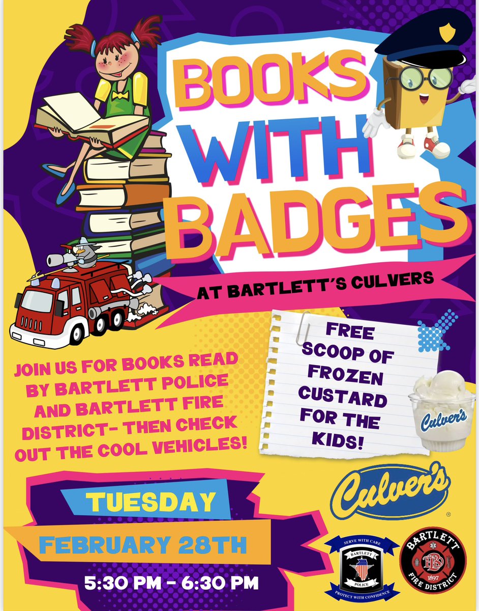 BartlettFire's tweet photo. Folks, come join the Bartlett Police Department and us at Culver’s off Route 59 and Schick Road for a reading party with frozen custard! 

We would love to see the community come together on February 28th for this great event. https://t.co/KlfDcHXiHb