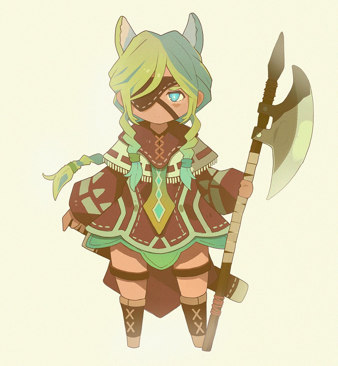 1girl solo braid animal ears eyepatch green hair axe  illustration images