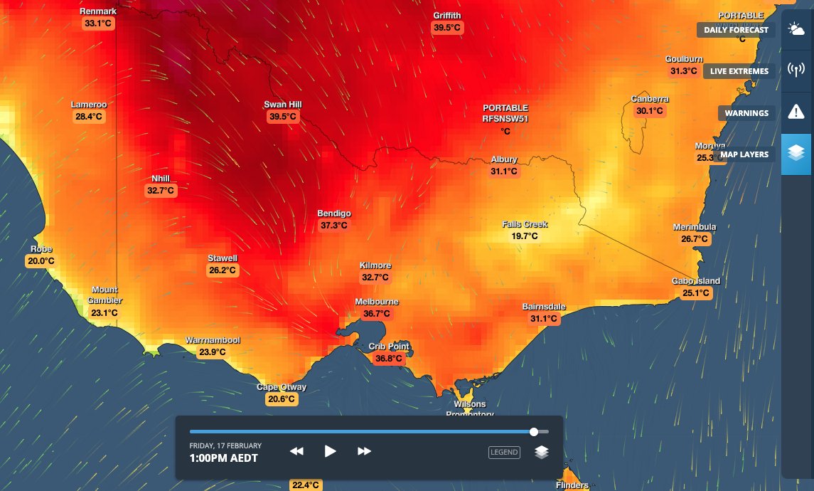 weatherzone's tweet image. Parts of #Victoria are experiencing their highest temperatures and worst fire weather in 2 years as some southern parts of the state hit 40ºC. 🌡

More at bit.ly/3S92ps4

#VICweather #FireDanger #Heat