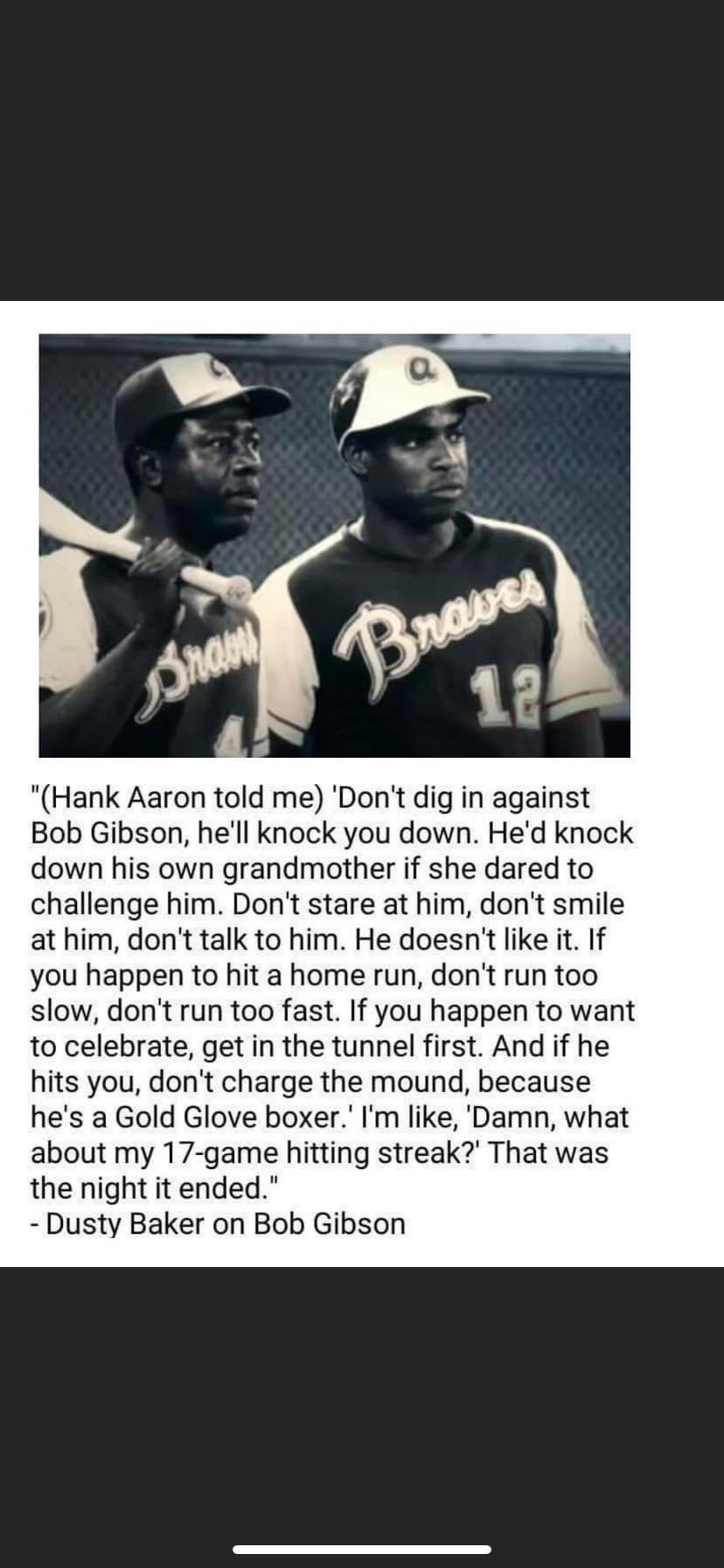 BaseballHistoryNut on X: Hank Aaron warns Dusty Baker about Bob Gibson   / X