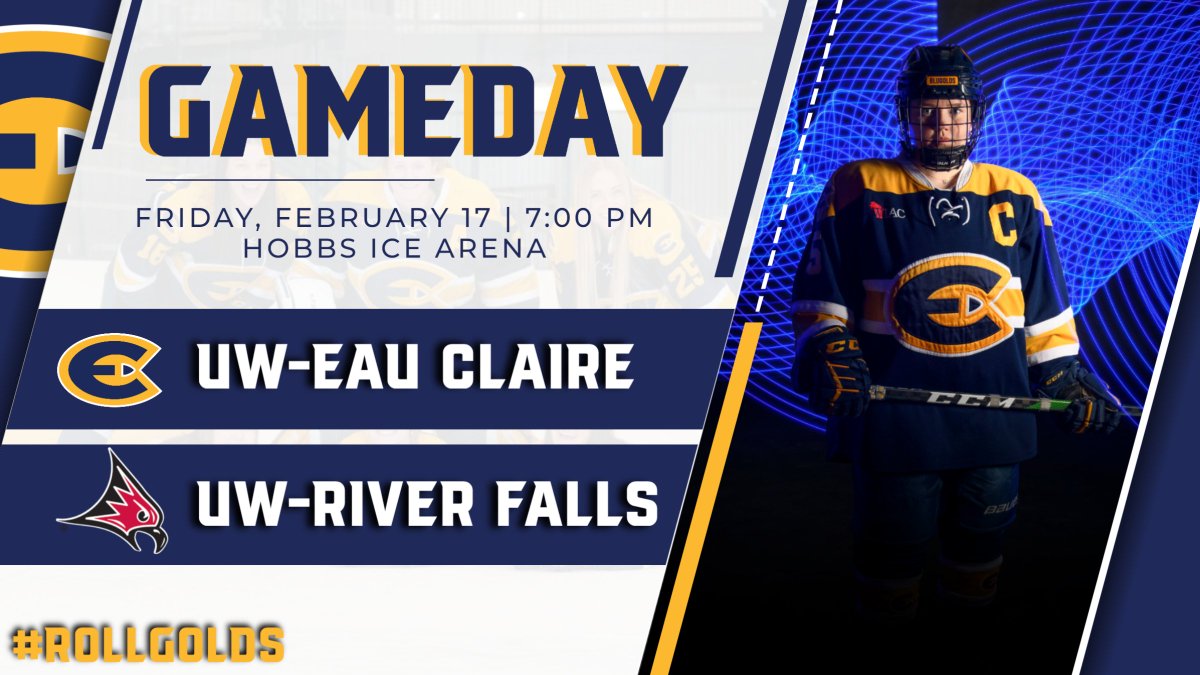 UWECblugolds's tweet photo. We got ourselves a top-10 matchup at Hobbs Ice Arena tonight! No. 9 @UWECWhockey hosts their last regular season game against No. 1 UWRF! Puck drop at 7PM! #RollGolds https://t.co/G4ayo92D6S