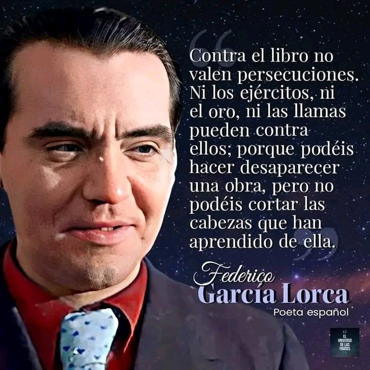 Estamos celebrando la Feria Internacional del libro... maravilloso lo expresado por Lorca..
<a href="/rmandoVersos/">Armando F A</a> 
<a href="/AlasDeAmorCuba/">AlasDeAmor🇨🇺</a> 
<a href="/RusiaBencomo/">Rusia Bencomo.❤🕊</a> 
<a href="/ElbaBallate/">Elba Rosa Pérez Ballate 🌹🇨🇺🌴</a> 
<a href="/agnes_becerra/">Agnes Becerra</a> 
<a href="/DiazCanelB/">Miguel Díaz-Canel Bermúdez</a>