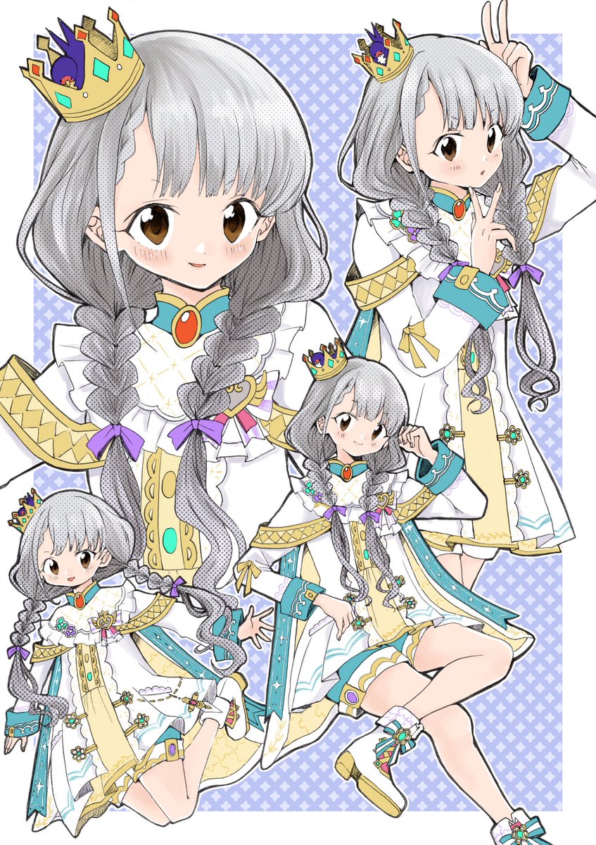 hisakawa nagi braid grey hair heart 1girl twin braids one eye closed multiple views  illustration images