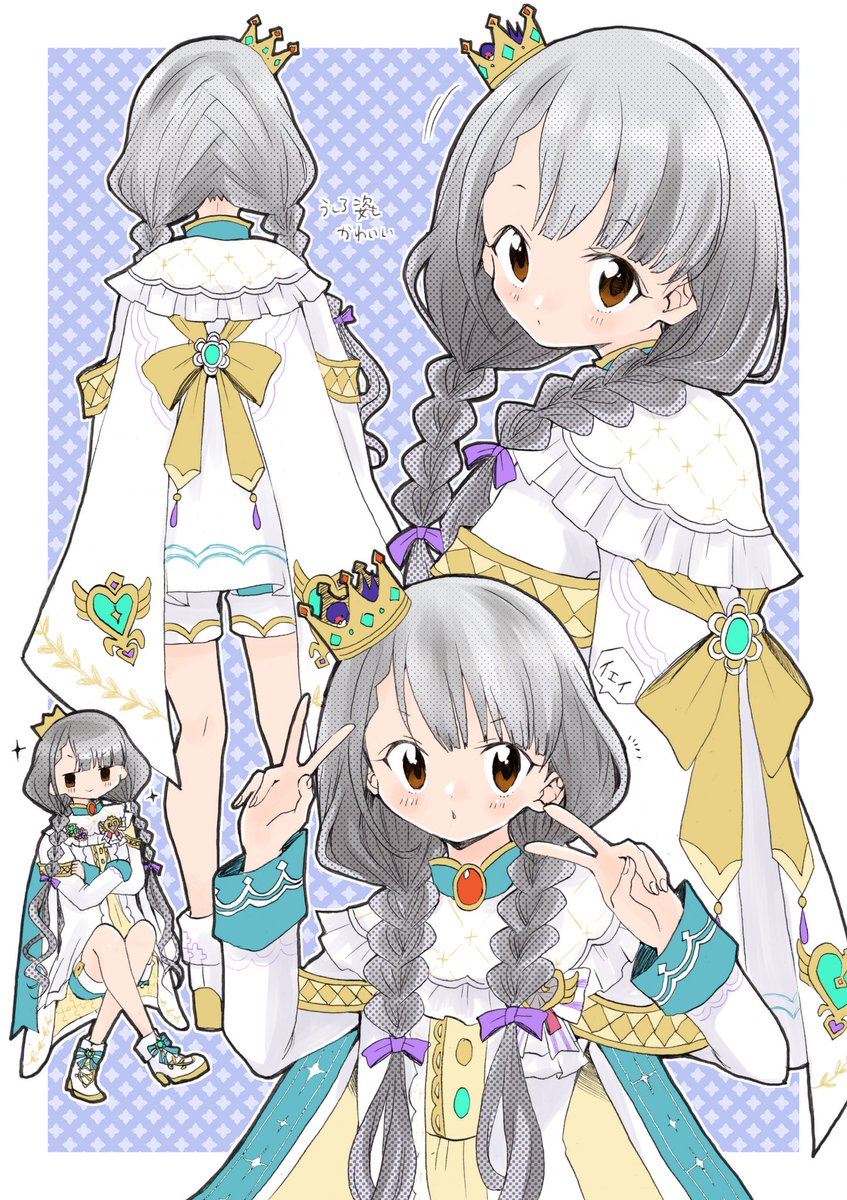 hisakawa nagi braid grey hair heart 1girl twin braids one eye closed multiple views  illustration images