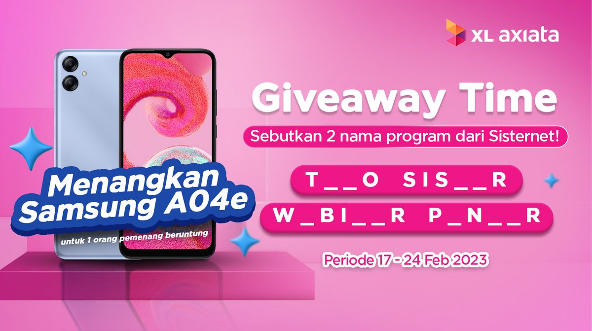 Giveaway Time!

Buat kamu yang udah tau 2 nama program dari Sisternet, yuk ikutan giveawaynya!

Caranya:
1. Follow @XLAxiata_Tbk &amp; <a href="/sisternetID/">Sisternet</a>
2. Reply jawaban (cukup 1 kali)
3. Sertakan hashtag #JadiLebihBaik
4. Like &amp; retweet tanda kamu sudah ikutan

Good luck yaa!😉