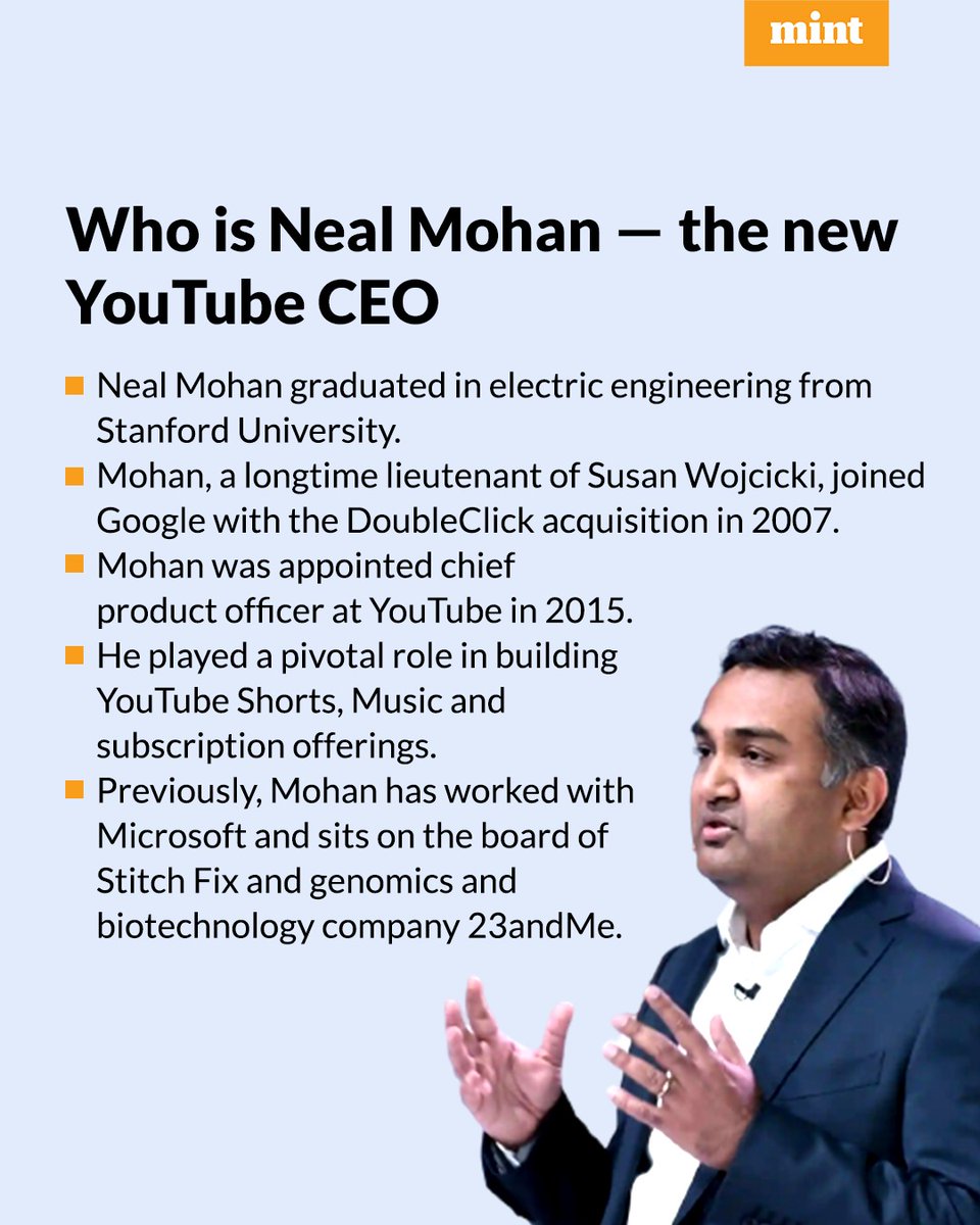 livemint's tweet photo. Indian American #NealMohan's promotion as the CEO of #YouTube has come after one of the first #Google employees, #SusanWojcicki decided to step down from her role in the tech giant that started in her garage 25 years ago. https://t.co/BZEjSHhCLh