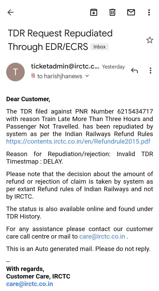 harishkumarjha's tweet photo. Dear Sir @RailMinIndia, I booked tatkal tkt on dtd. 9-Fab, PNR-6215434717 but the train was running over 7 hrs. delay so I not traveled and filed TDR 3 hrs. before actual departure of train but my TDR rejected by mention "DELAY ", Pls help to get refund as given remark incorrect. https://t.co/PZXnRRJWW4