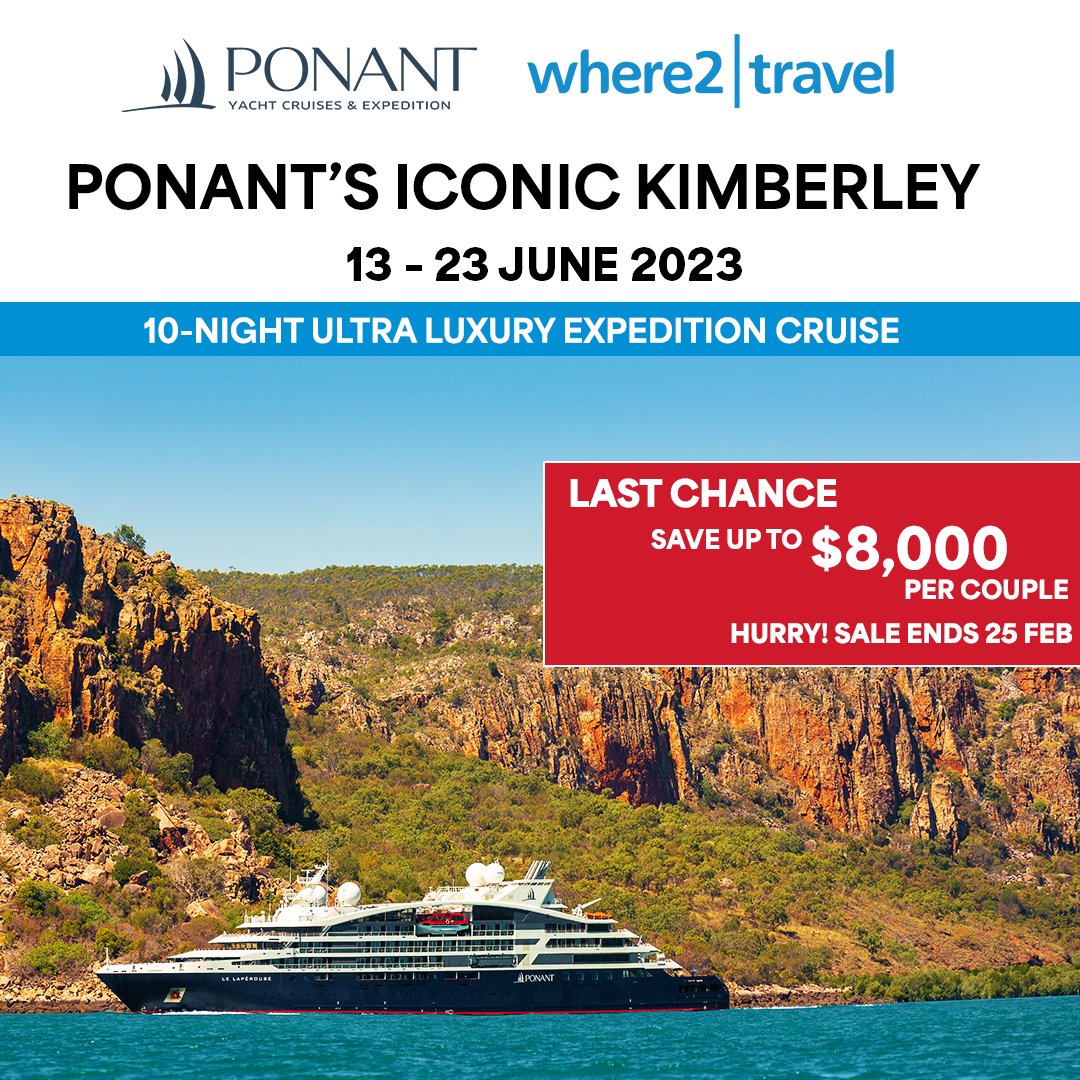 where2tweet's tweet photo. Have you ever dreamed of experiencing the #Kimberley in #5-star #luxury? #Cruise the #Kimberley with #Ponant 13-23 June 2023 and #SAVE UP TO $8,000 per couple. https://t.co/GRw53ujfKI https://t.co/DfI5k608El