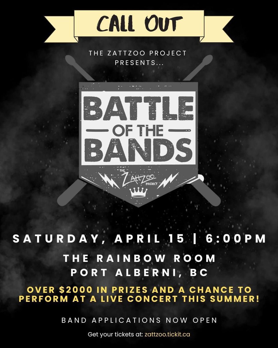 Battle of the Bands is back!

If you're a band or artist under 25 years old, living on Vancouver Island, and want to battle for cash prizes and a spot on a summer festival lineup, this is for you!!

Bands can sign up here: forms.gle/231BHH7TwbWR6J…

#zakkcossforever