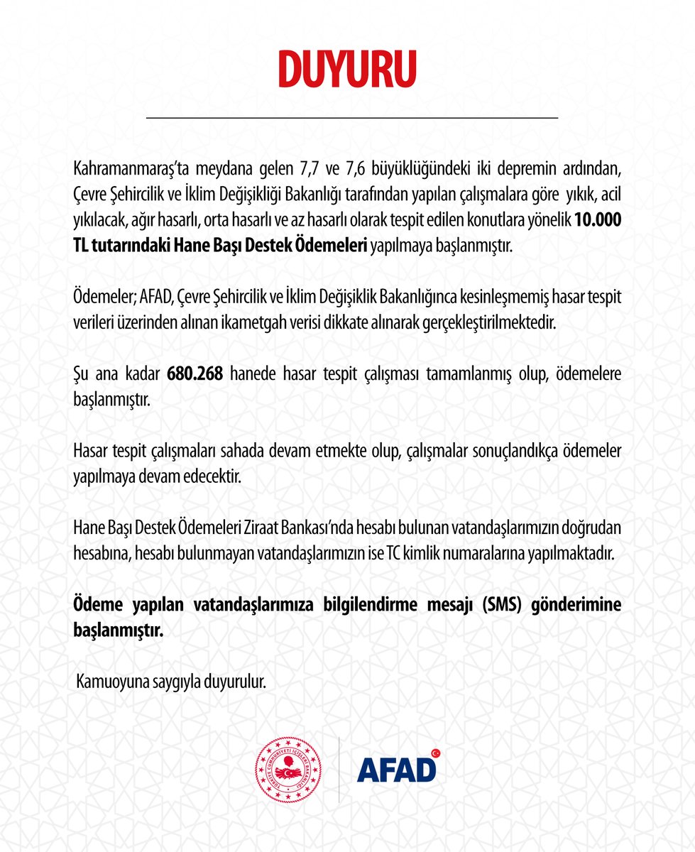 Kahramanmaraş merkezli depremlerde konutları hasar gören vatandaşlarımıza yönelik 10.000 TL tutarındaki Hane Başı Destek Ödemeleri ile ilgili
Güncel Basın Duyurusu ⬇️